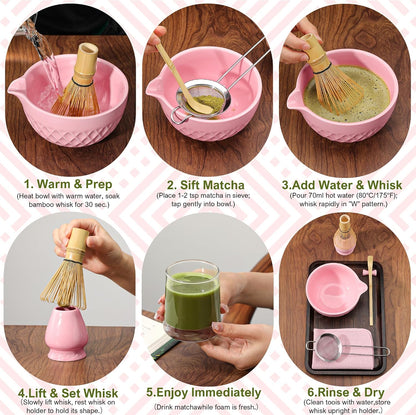 Matcha Whisk Set, 7 Pcs Matcha Kit, Ceramic Matcha Set Includes Matcha Bowl with Spout, Matcha Whisk and Holder, Bamboo Scoop, Scoop Rest, Sifter and Tea Towel (Ceramic White)