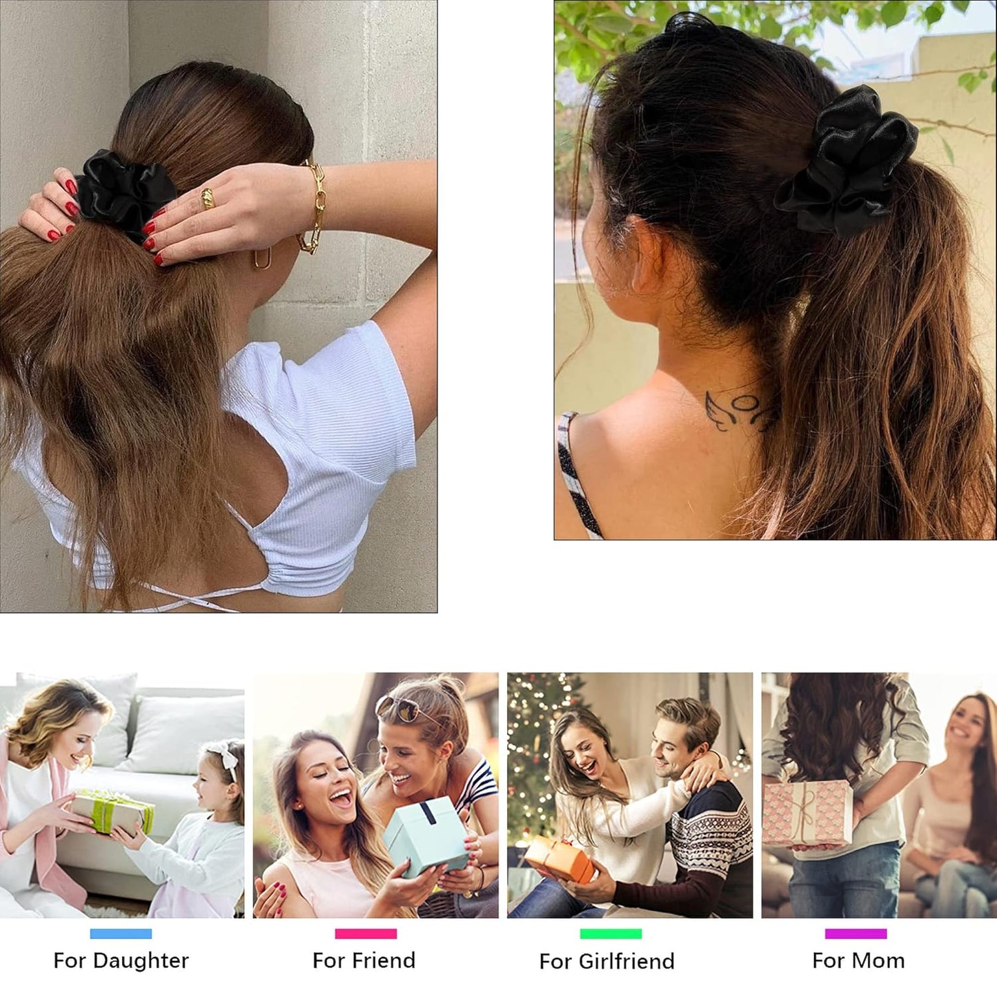 16 Pcs Scrunchies for Women - Black Satin Silk Scrunchies for Girls Hair Ties Elastics Bands Ponytail Holder Hair Accessories