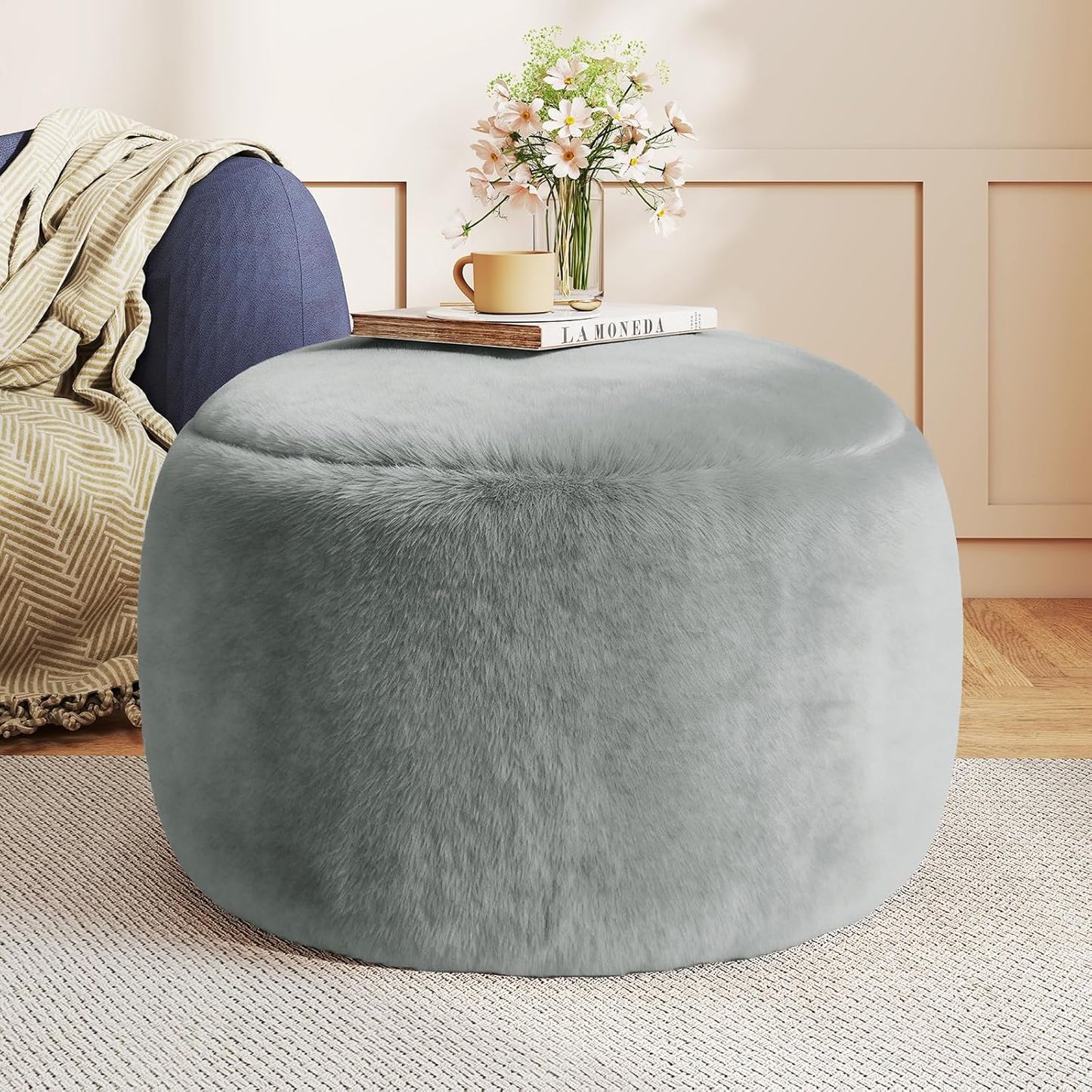 Round Stuffed Pouf Ottoman Foot Rest, Faux Fur Poufs with Memory Foam Filling, Ottomans for Living Room, Nursery, Dorm, Soft Foot Stool Ottoman for Couch, Perfect for Resting Your Feet (Grey, 20 Inch)