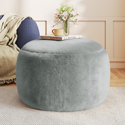 Round Stuffed Pouf Ottoman Foot Rest, Faux Fur Poufs with Memory Foam Filling, Ottomans for Living Room, Nursery, Dorm, Soft Foot Stool Ottoman for Couch, Perfect for Resting Your Feet (Grey, 20 Inch)