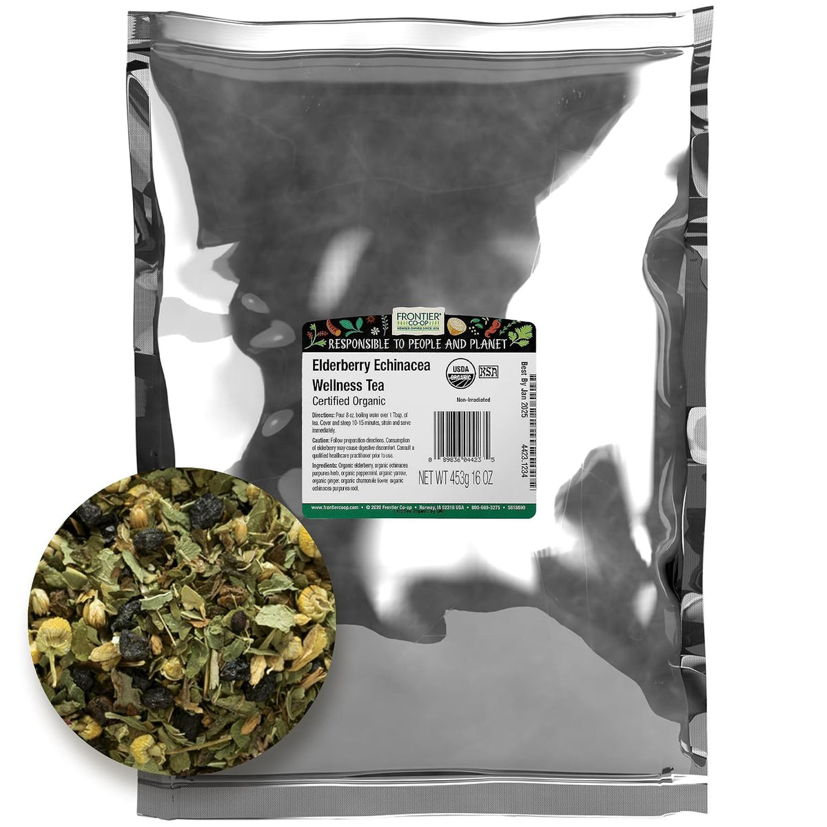 Frontier Bulk Elderberry Echinacea Wellness Tea, Organic, 1 Pound