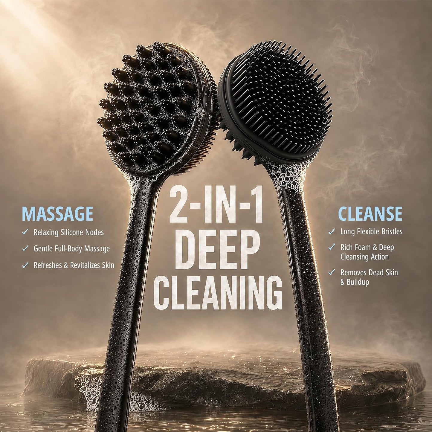 Back Scrubber for Shower, 15.7" Loofah with Handle, Back Shower Brush with Bristles and Loofah, Dry Brushing Body Brush for Cleanse Back and Hard to Reach Areas with Curved Long Handle