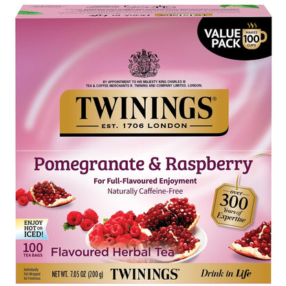 Twinings Pomegranate & Raspberry Herbal Tea Individually Wrapped Bags, 100 Count (Pack of 1), Naturally Caffeine-Free, Enjoy Hot or Iced, 100 Teabags