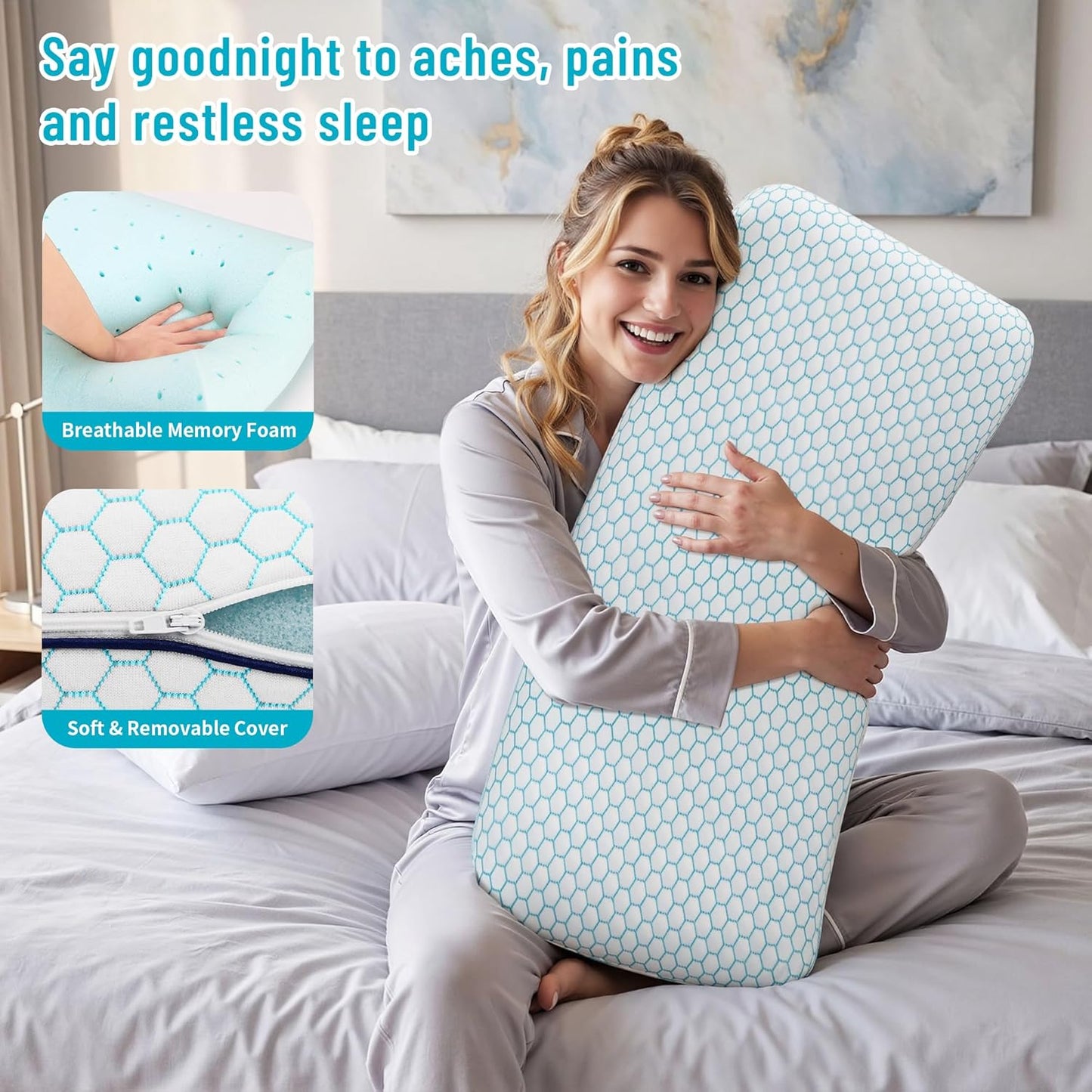 CushyOasis Memory Foam Pillows for Side, Back and Stomach Sleepers, Set of 2, Bed Pillow with Washable Cover and Breathable Mesh, Bed Pillow for Sleeping (Blue，Standard Size)