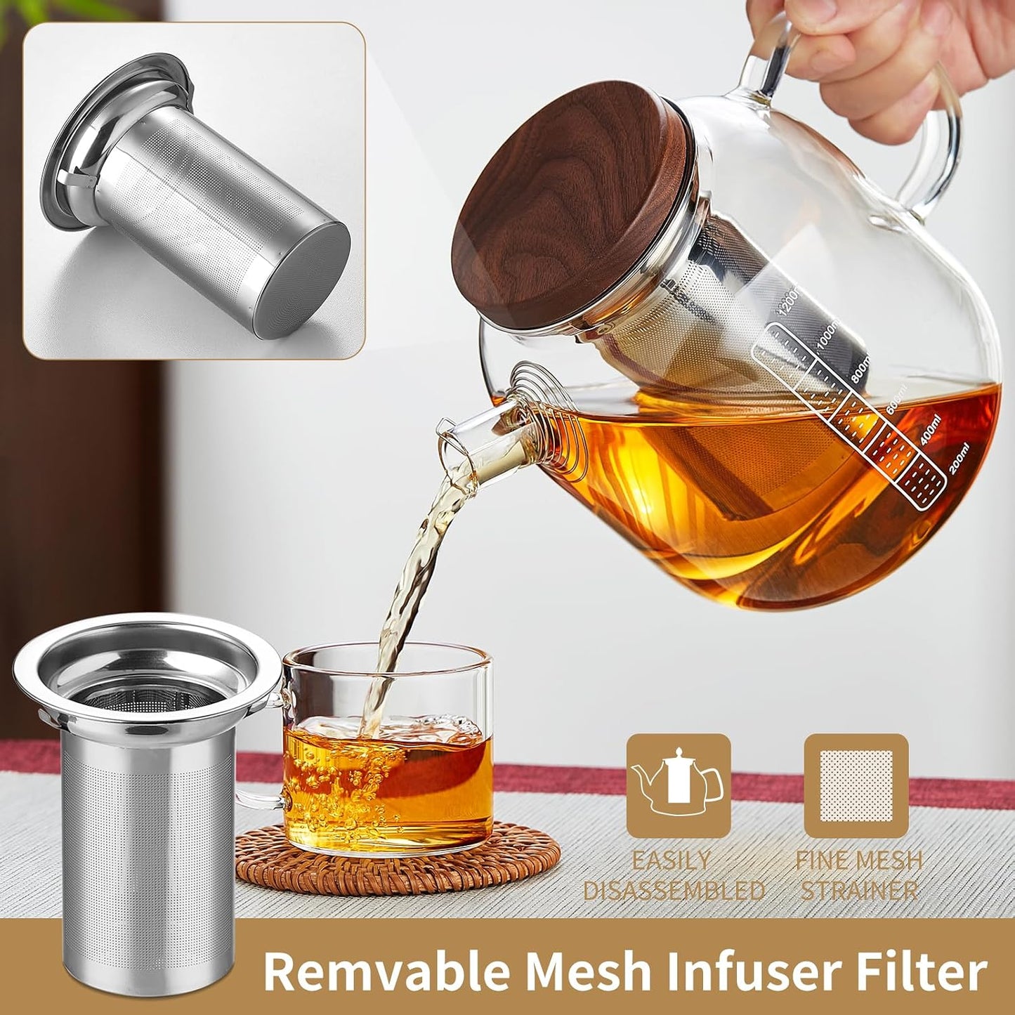 DOPUDO Glass Teapot With Stainless Steel Infuser 1200ml, Glass Tea Pot, Loose Leaf Tea Kettle, Glass Kettle Stovetop, Teapot With Strainer, Tea Infuser Pot Glass Teacup Tea Cups For Blooming Tea