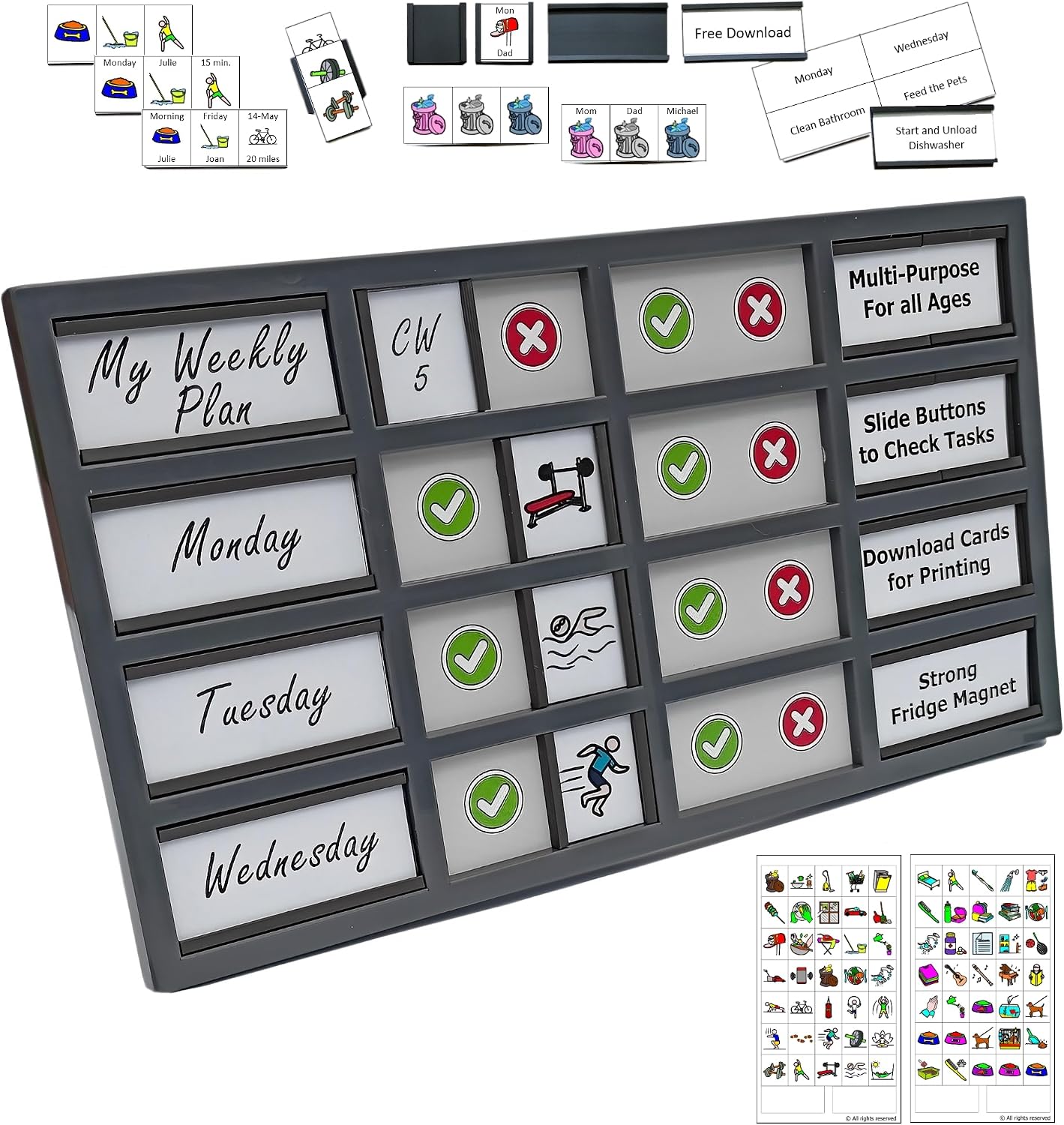 Customizable Checklist Board, Habit Tracker, and Chore Chart for Kids and Adults | Stay Organized with Daily Routines, Fitness, Self-Care, and Pet Care, For Fridge & Hang On Wall (Grey)