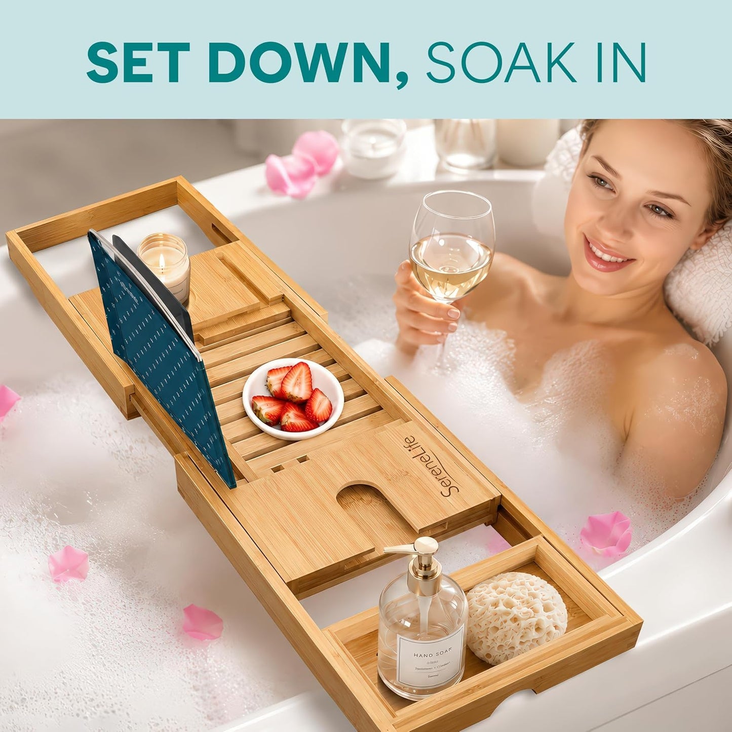 SereneLife 2 in 1 Bed and Bath Tray - Foldable Bamboo Bathtub Caddy with Adjustable Length, Non-Slip, Device Holder, Wine Glass Slot, Expandable for Comfortable Bathing, Natural, Folding Set