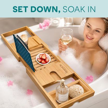 SereneLife 2 in 1 Bed and Bath Tray - Foldable Bamboo Bathtub Caddy with Adjustable Length, Non-Slip, Device Holder, Wine Glass Slot, Expandable for Comfortable Bathing, Natural, Folding Set