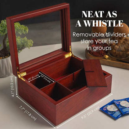 Tea Box - Luxury Wooden Tea Bag Organizer from The Apace Premier Collection - 8 Compartment Tea Storage Chest Container - Elegantly Handmade w/Scratch Resistant Window