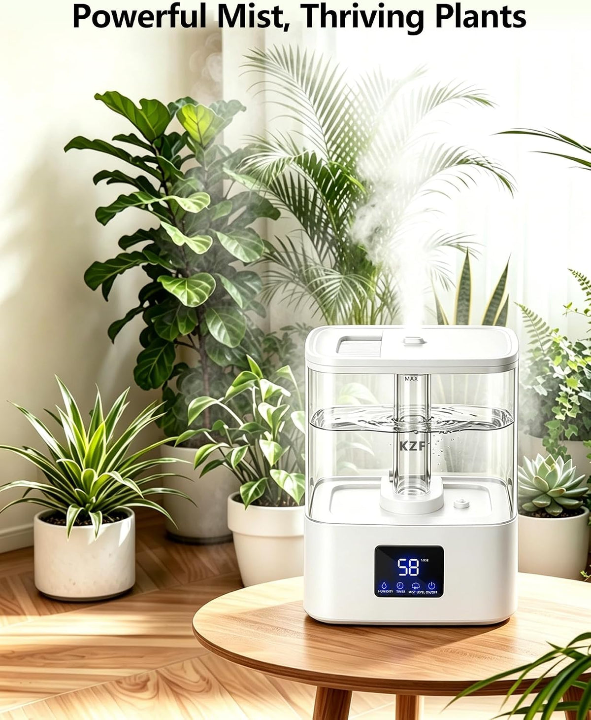 KZF 4L Top Fill Humidifiers for Bedroom & 40H Runtime - Cool Mist Humidifier, 3 Mist Levels, 8H Timer, Essential Oil Tray, Humidity Display, Quiet for Baby, Plants, Large Room (Black, 4, Liters)