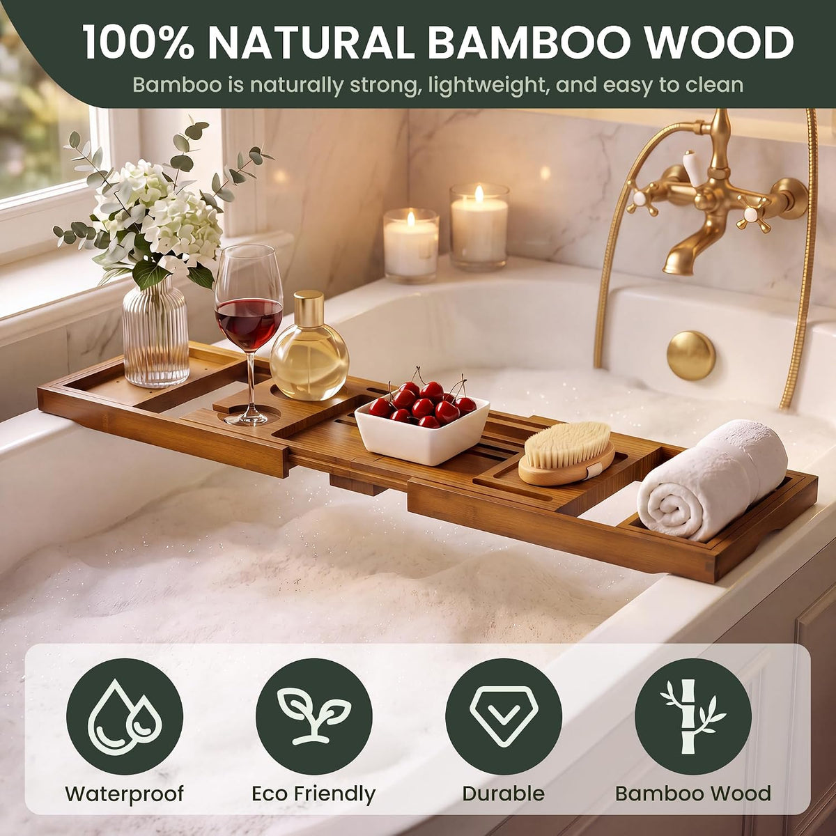 Teak Bathtub Tray - Luxury Bath Tray with Expandable Handles, Wine Glass and Phone Holders, Book Stand - Perfect for Home Spa Relaxation and Reading - Natural Bath Accessories - Dark Walnut Color