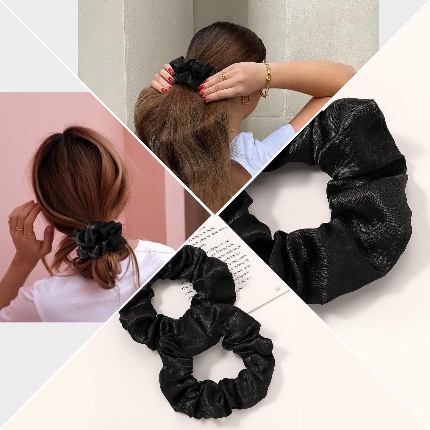 16 Pcs Scrunchies for Women - Black Satin Silk Scrunchies for Girls Hair Ties Elastics Bands Ponytail Holder Hair Accessories