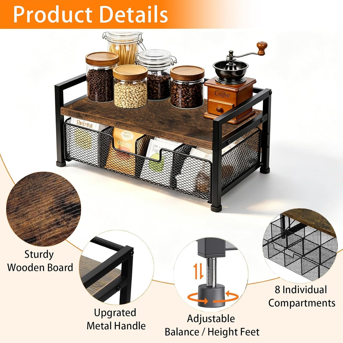 Tea Bag Organizer, Wooden Tea Box with Drawer and Top Tray, Rustic Brown