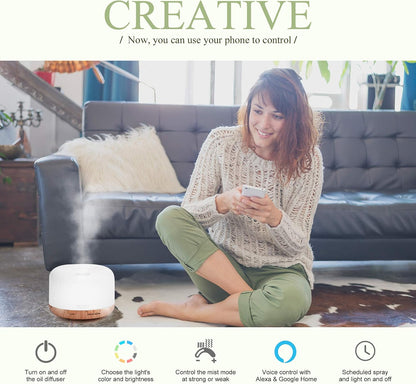 ASAKUKI Essential Oil Diffuser for Home, 500ML Aromatherapy Diffuser Humidifier with Remote Control, 7 Color LED Lights, Quiet Cool Mist Diffuser for Bedroom, Living Room, Office (White)