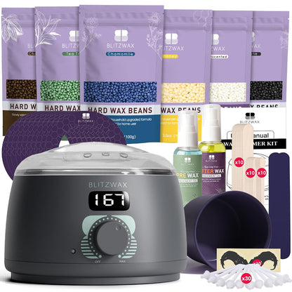 BLITZWAX Brazilian and Bikini Waxing Kit for Women, Hard Wax Warmer for Face, Legs and Body, At Home Hair Removal Kit, Beginner Friendly, Digital Fast Heating, 51 Wax Items