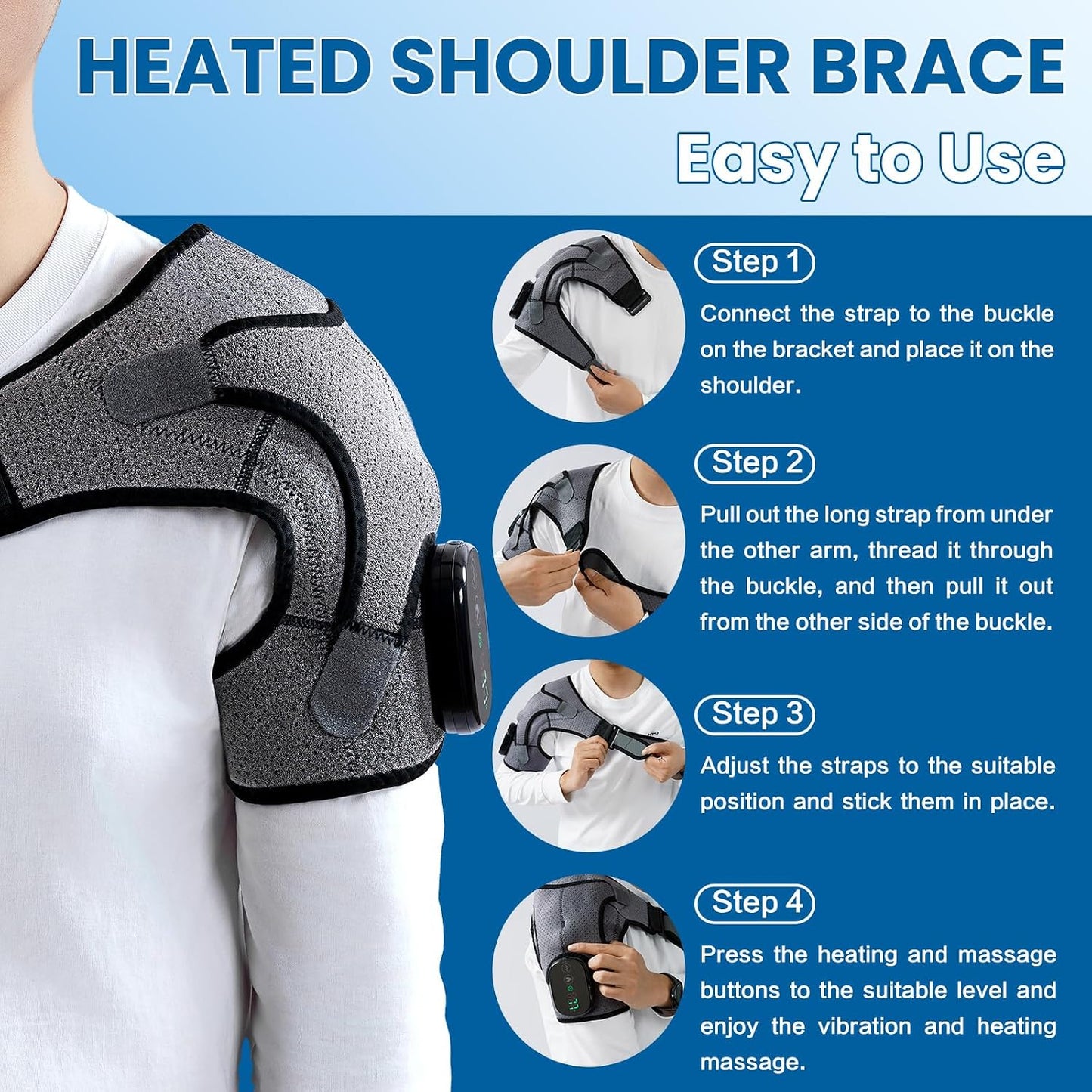 Cordless Shoulder Heating Pad & Massager, Electric Heated Shoulder Brace Wrap, Heating Pads for Rotator Cuff and Frozen Pain Relief,5000mAh Chargeable Powered, Men & Women(Black)