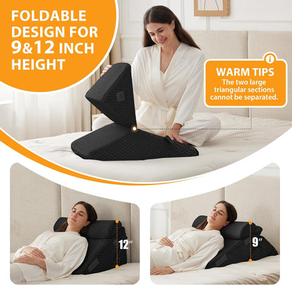 Ruqmuis Wedge Pillow Set for After Surgery, 3PCS Adjustable 9&12 Inch Bed Wedge Pillow for Sleeping, Incline Pillow Wedge for Headboard, Post Surgery, Acid Reflux, Neck&Back Support, White/Grey