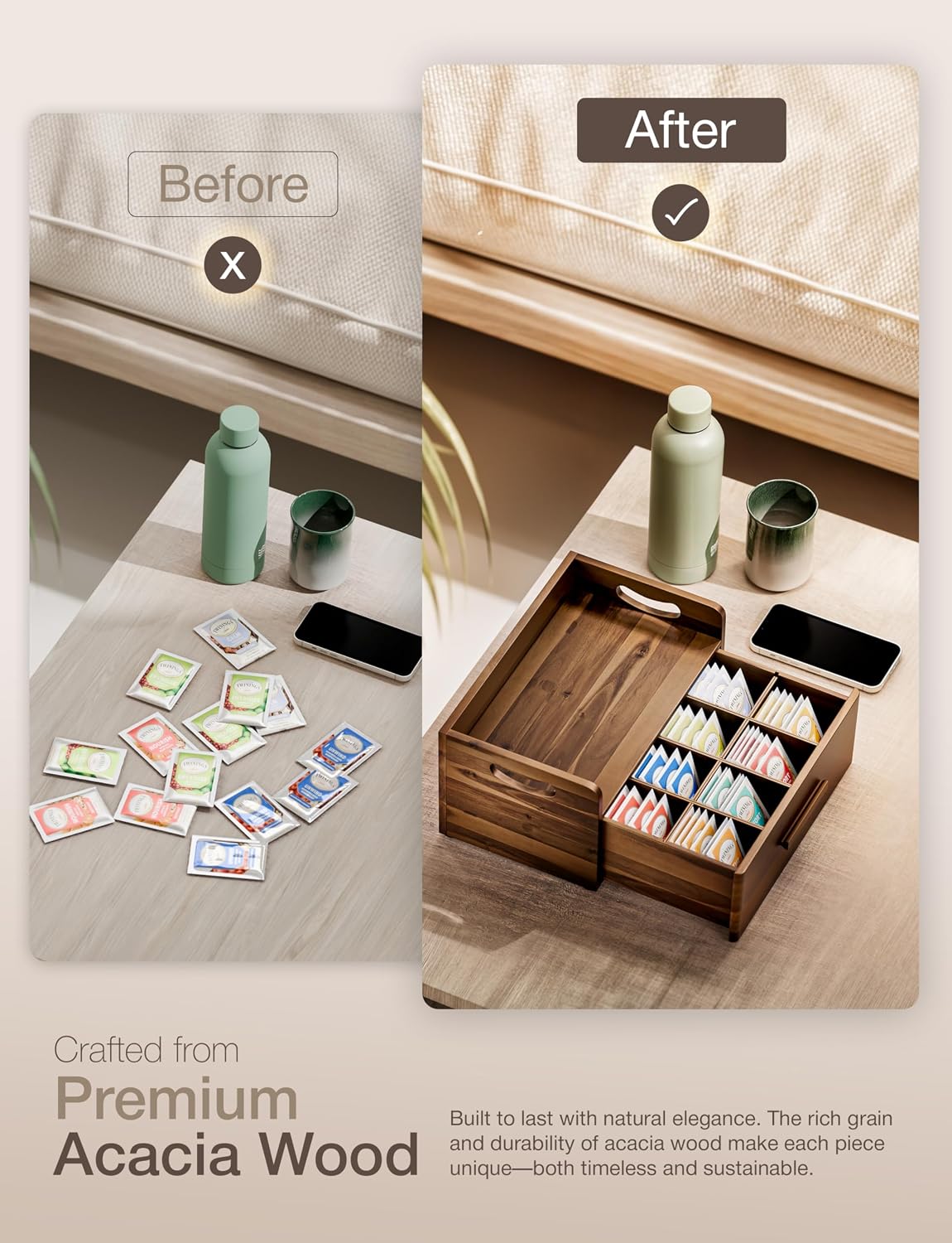 TINAMO Acacia Wooden Tea Box Organizer with Drawer for Tea & Coffee Storage