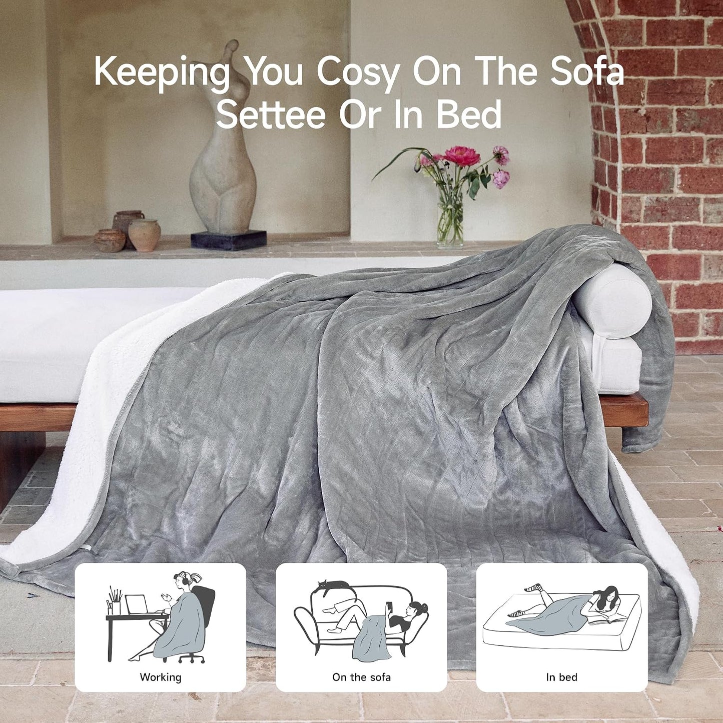 GOTCOZY Heated Throw Blanket, 50''X60'' - Soft Silky Plush Electric Blanket with 4 Heating Levels & 3 Hour Auto Off, ETL Certified, Machine Washable (Grey)