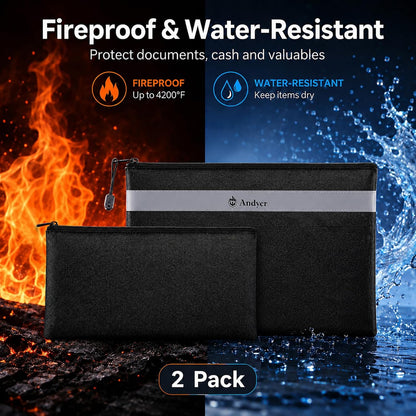 Andyer Fireproof Money Bag for Cash, 2 Pack Fire Proof Bag for Documents