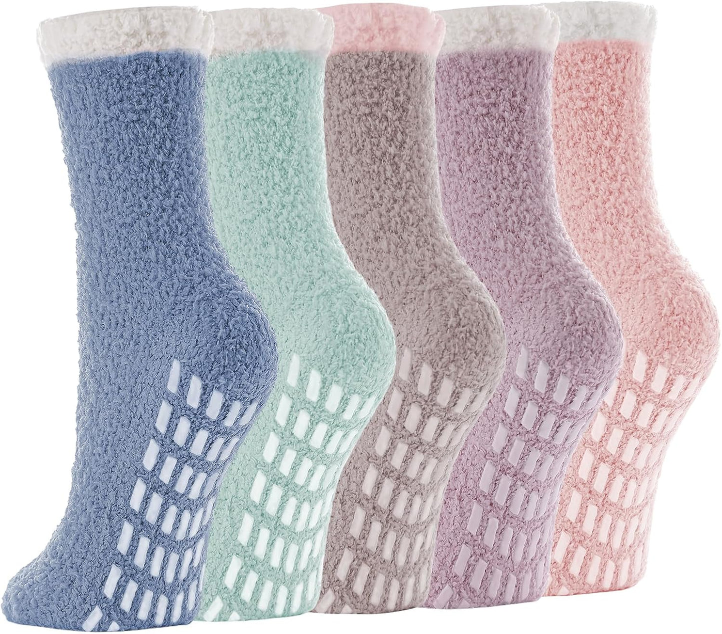 5 Pairs Fuzzy Socks with Grips for Women, Non Slip Cozy Fluffy Soft Socks, Winter Sleep Slipper Hospital