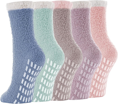 5 Pairs Fuzzy Socks with Grips for Women, Non Slip Cozy Fluffy Soft Socks, Winter Sleep Slipper Hospital