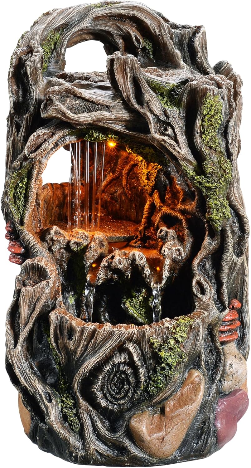 MAOCHI Tabletop Waterfall Fountain with LED Light, Indoor Zen Relaxation Desktop Water Feature with Automatic Silent Pump & Natural Stones, Desk Fountain for Home Office Decor, Stress Relief Gift