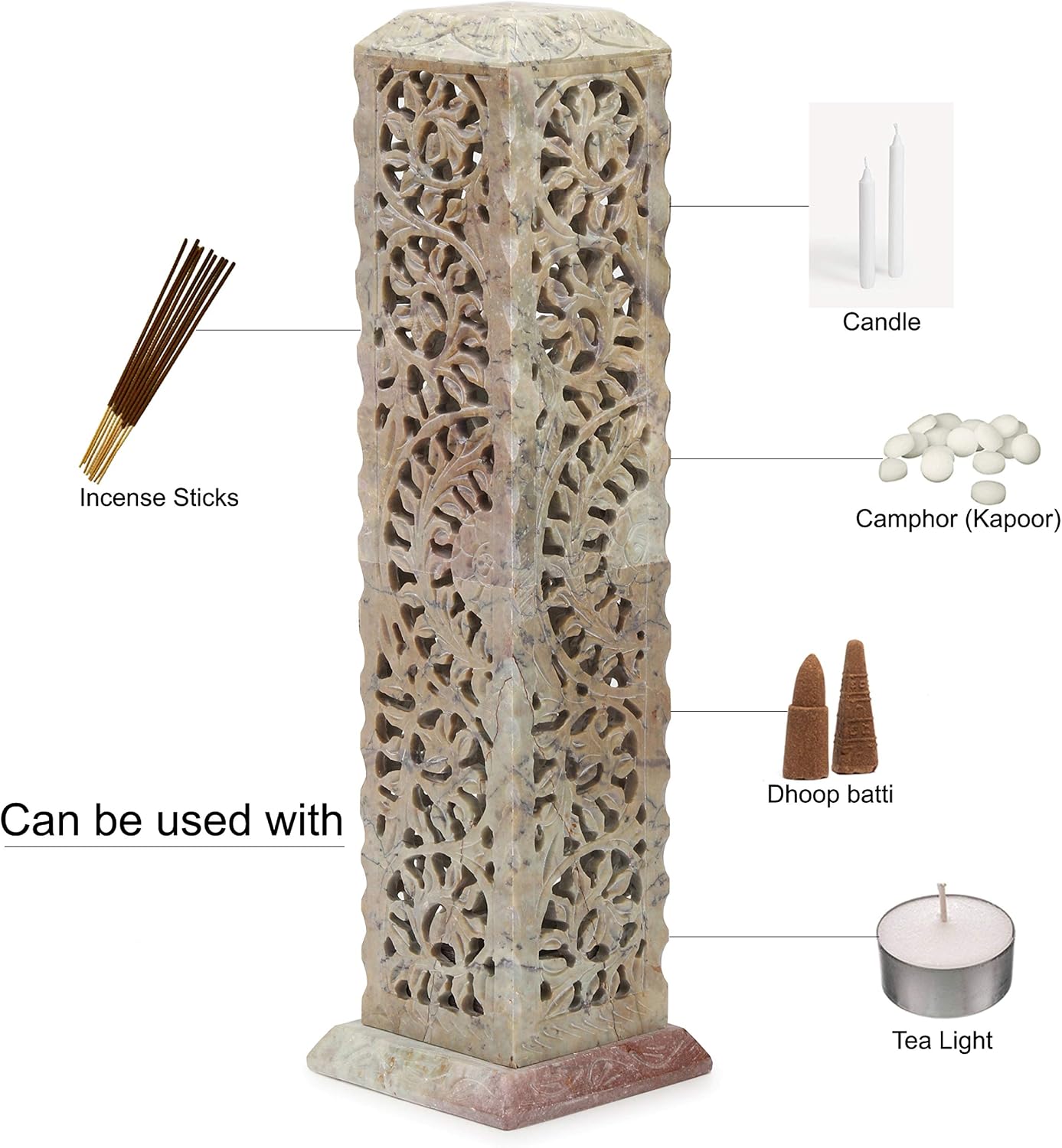 Carry Me Handmade Marble Soapstone Incense Stick Burner | Candle Stick Holder, Tea Light Stand, 3 x 3 x 11 Inches, Decorative Home and Kitchen Decor, Perfect for Gifting