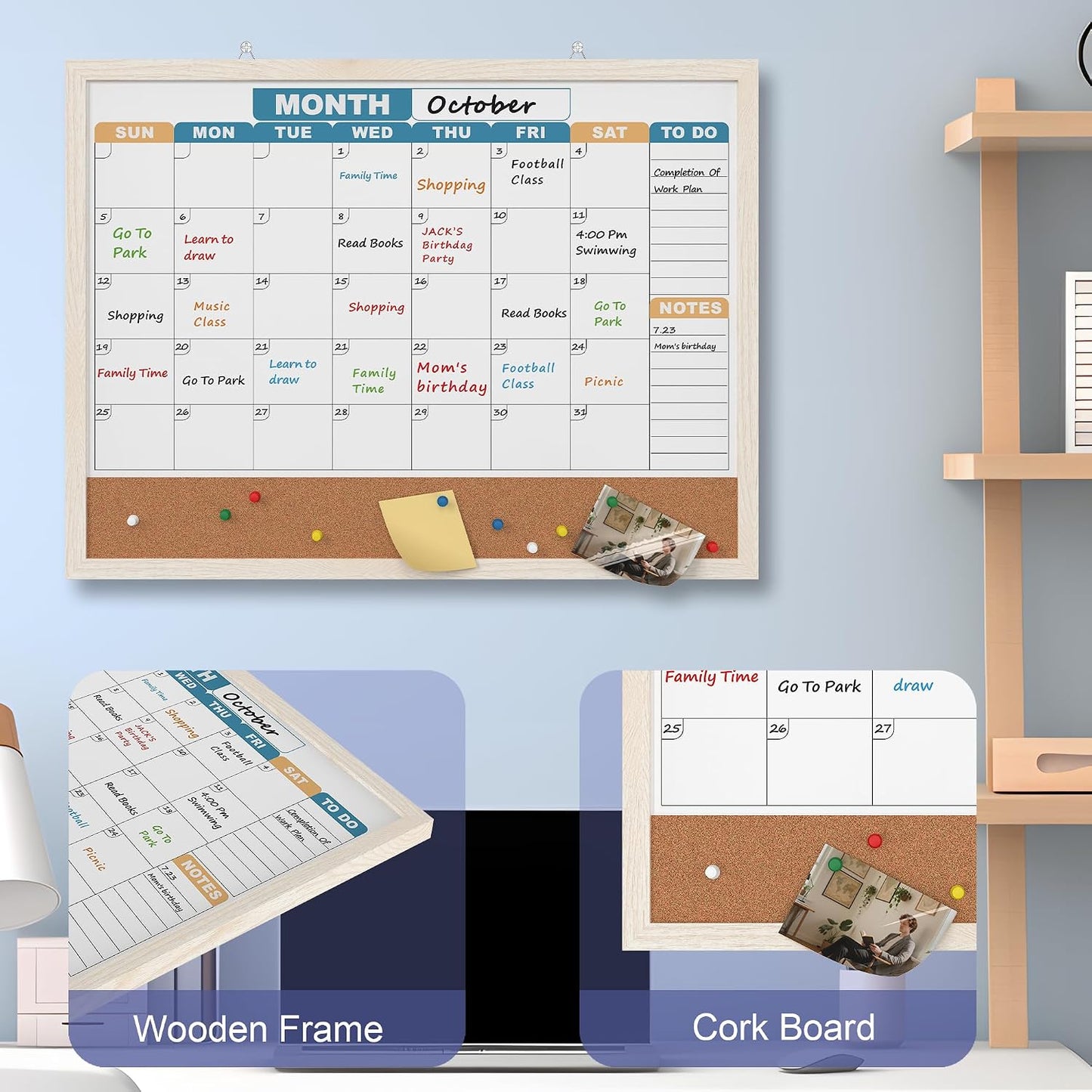 Monthly Calendar Dry Erase Board 16x12 Inch, Double-Sided Whiteboard and Corkboard Combo, Wall Mounted Planner Organizer with Markers, Magnets, Push Pins, Eraser, for Home Office School