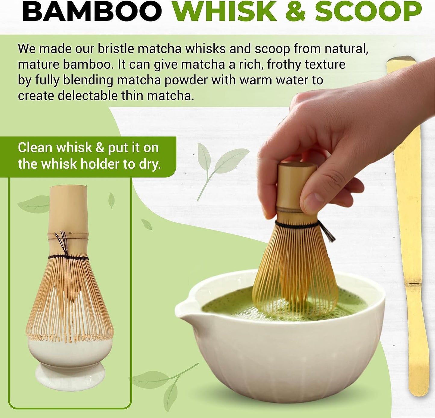 Matcha Whisk Set with Matcha Bowl - Matcha Set Included Electric Frother, Bamboo Whisk, Matcha Spoon, Bamboo Holder, Sifter, Spoon Stand (Mottled Green)