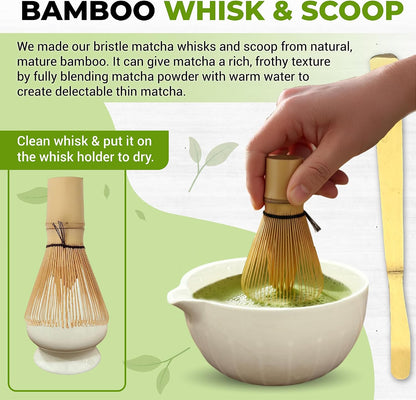 Matcha Whisk Set with Matcha Bowl - Matcha Set Included Electric Frother, Bamboo Whisk, Matcha Spoon, Bamboo Holder, Sifter, Spoon Stand (Mottled Green)