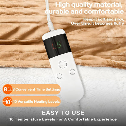 Electric Heated Blanket Throw Size 50''x60''-Control Heating Blanket, Soft & Warm Flannel 10-Level Temperature Control, 8 Hours Auto Off, Rapid Heating & Overheat Protection