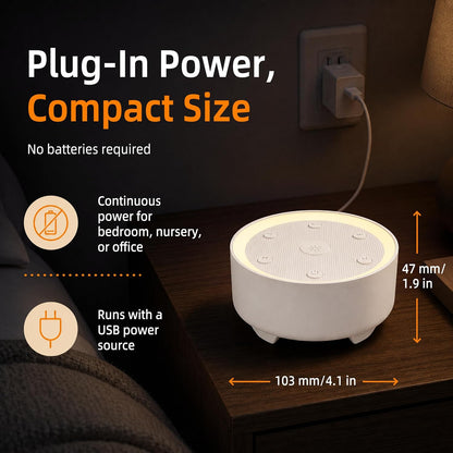 Kipcush White Noise Machine for Sleeping – High-Fidelity Non-Looping Sounds, Dimmable Night Light, USB Powered, Sleep Sound Machine for Baby, Kids & Adults (A - Model White+, Standard)