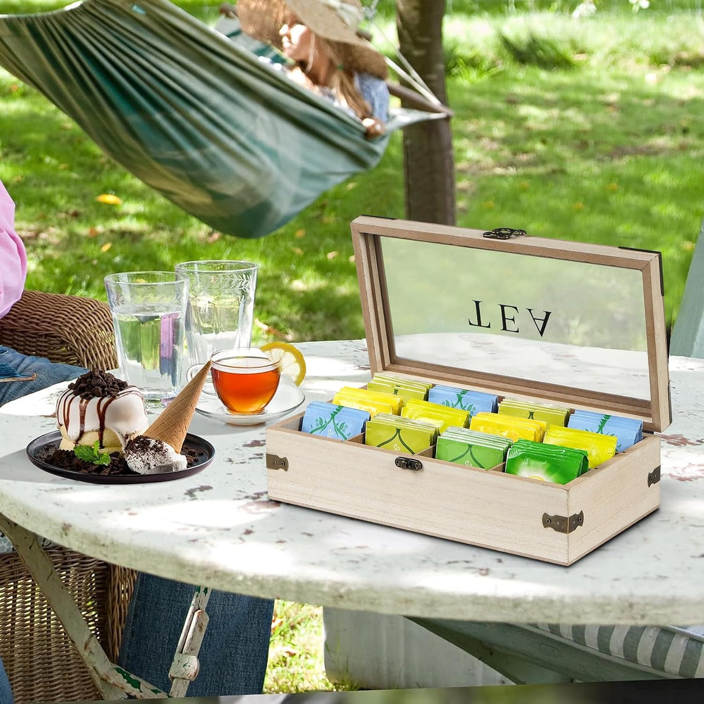 Tea Box,Wood Tea Organizer and Storage,12 Compartments Teas Bag Holder Organizer with Clear Window for Countertop Kitchen Cabinet Pantry (Smoky)