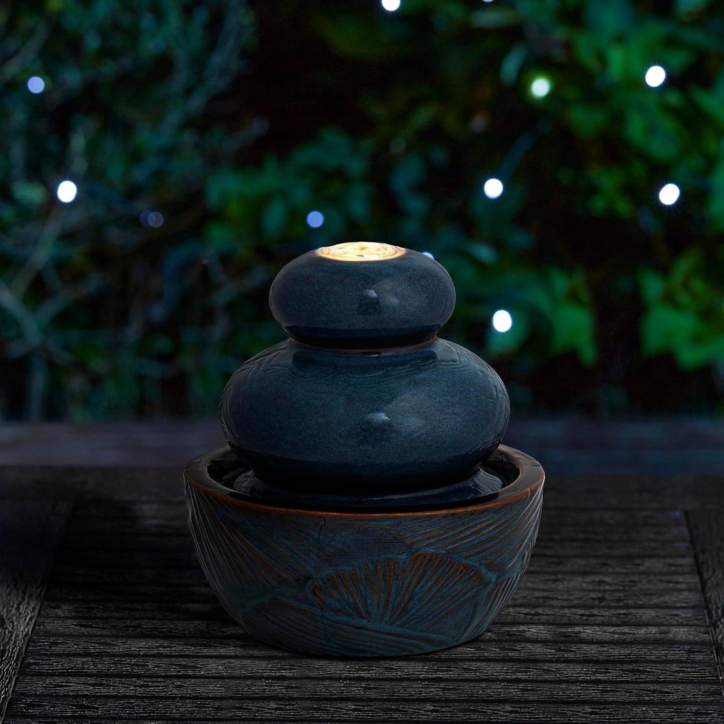 Glitzhome Ceramic Tabletop Tiered Water Fountain with Pump and LED Light 8.75'' Turquoise Leaf Textured Water Fountain Zen Decor for Indoor and Home Decoration Table Desk Office Patio