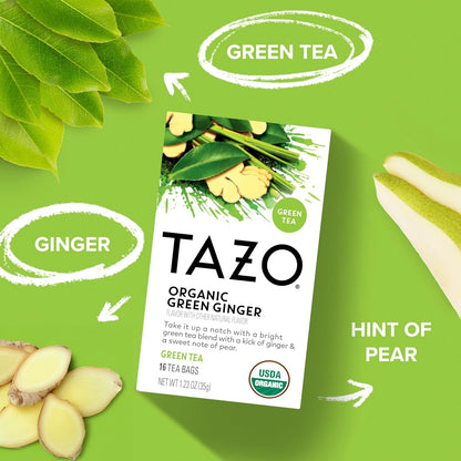 TAZO Organic Green Tea, Green Ginger, Caffeinated Tea, 16 Total Bags (Pack of 2)