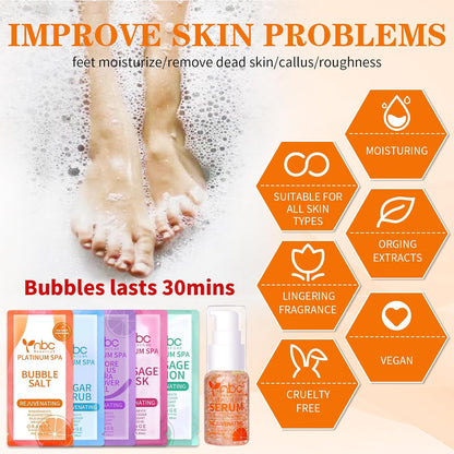 Pedicure Kit Foot Soak Set: Bubble Salt, Sugar Scrub, Massage Mask, Massage Lotion in a Box, 4 Step Foot Spa Kit for Dry Feet, Softens Calluses, Tired Feet（3 Set Lavender) - Colors B