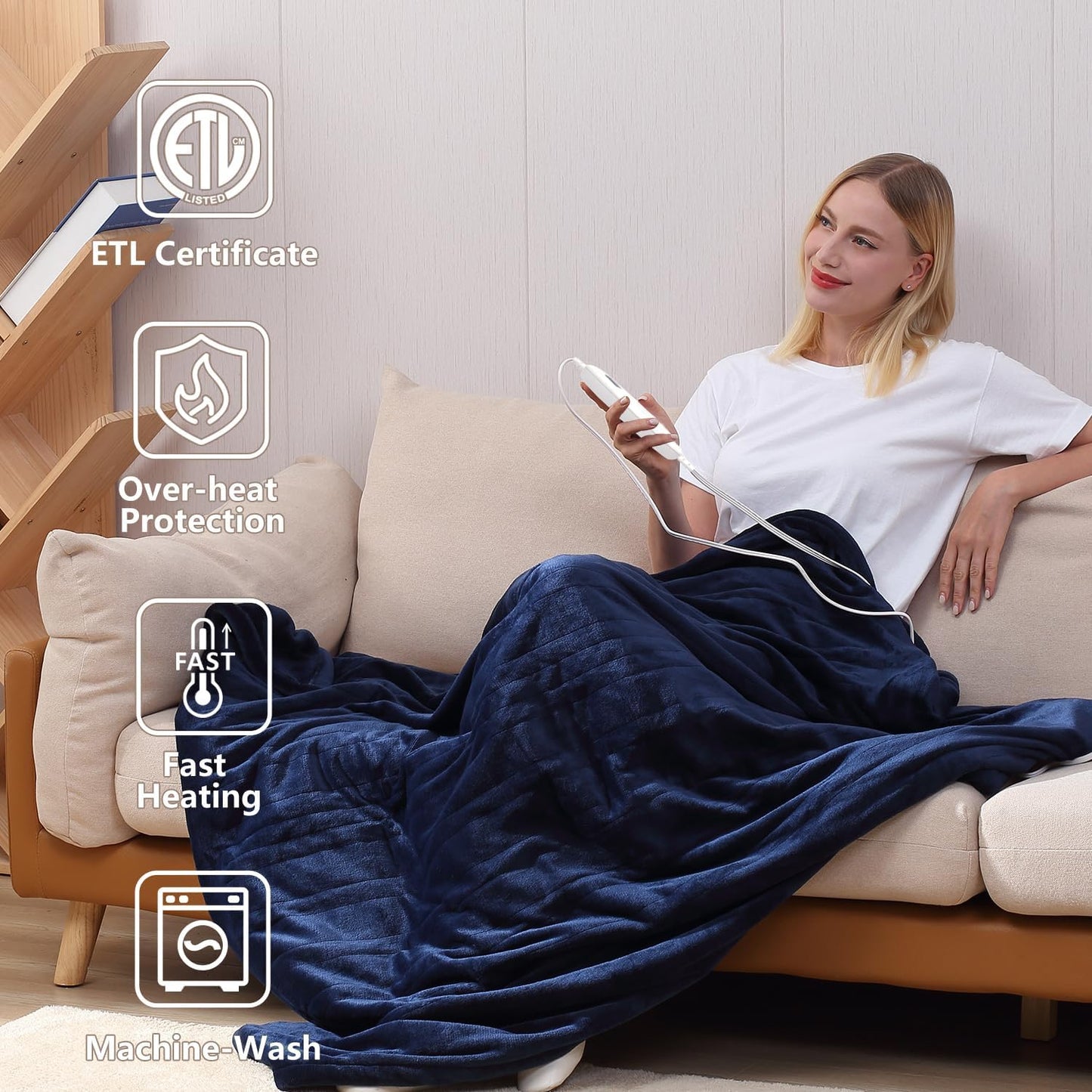 Tefici Heated Blanket Throw 50"x60", Ultra Soft 2-Layer Flannel Electric Blanket, for Home Office Sofa,3 Heat Settings, 4H Auto Off, ETL FCC Certified, Overheat Protection, Machine Washable, Camel
