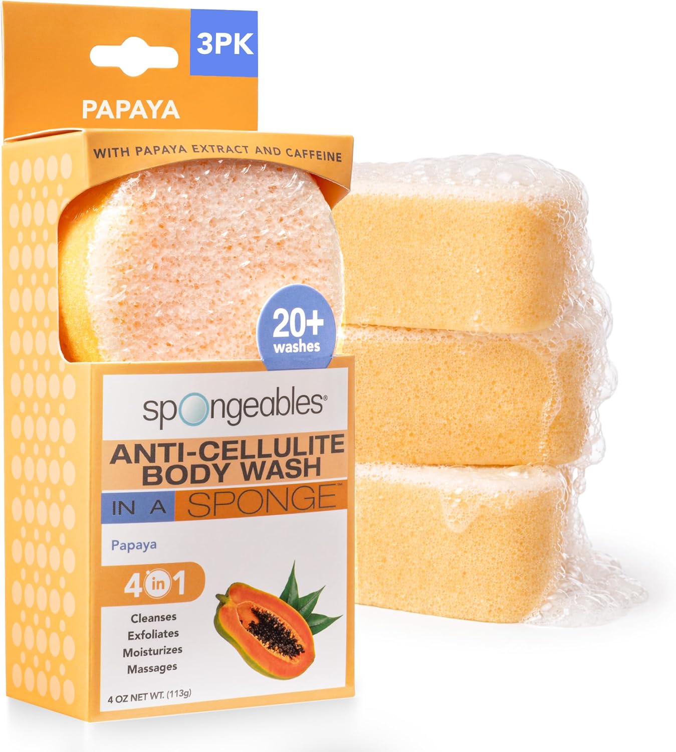 Spongeables Anti Cellulite Body Wash in a 20+ Wash Sponge, Citrus, 3 Count