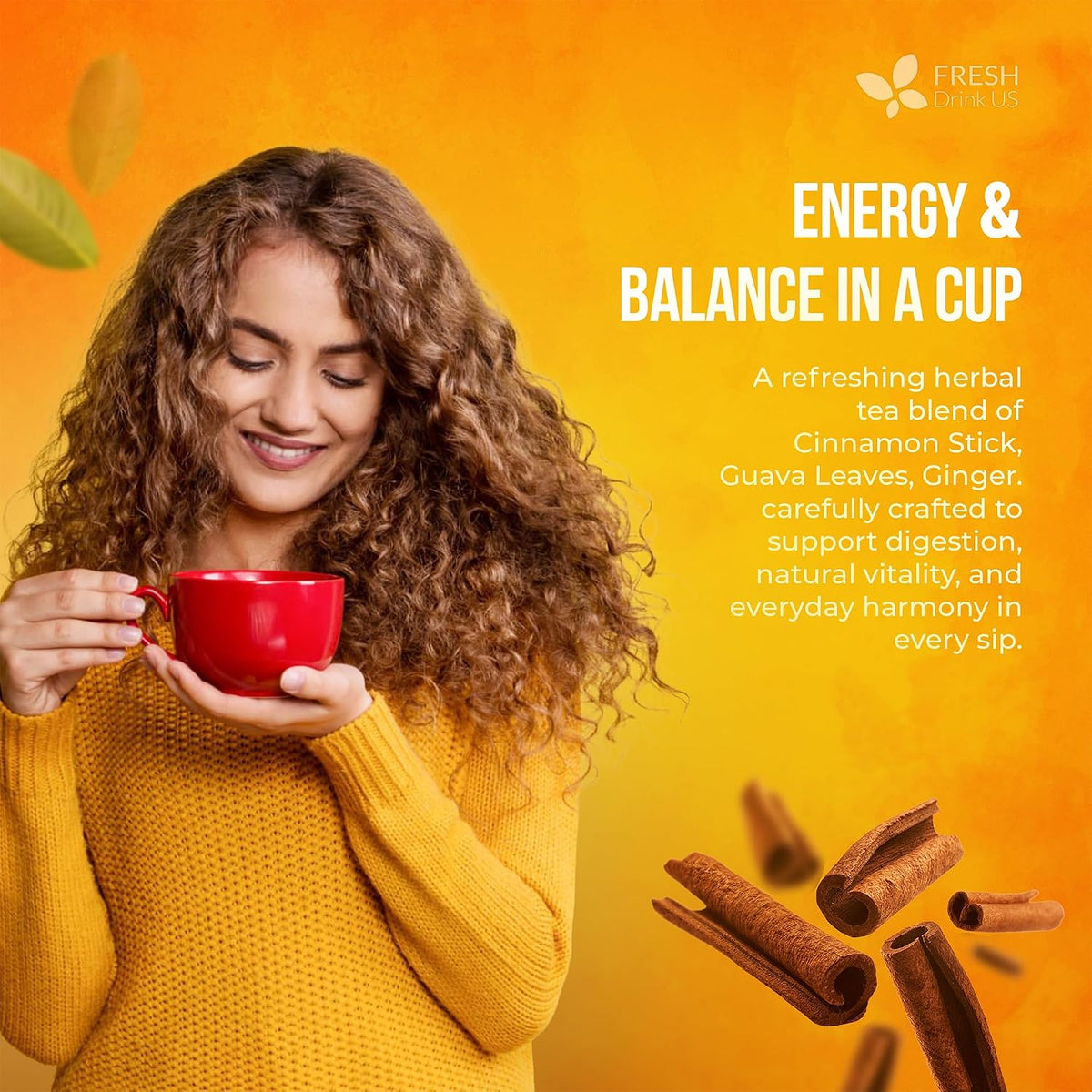FreshDrinkUS, Premium Guava Vitality Tea | 75 Tea Bags | Guava Leaves, Cinnamon Stick & Ginger Herbal Tea – Caffeine Free Botanical Infusion – Warm & Aromatic Daily – 100% Natural Ingredients