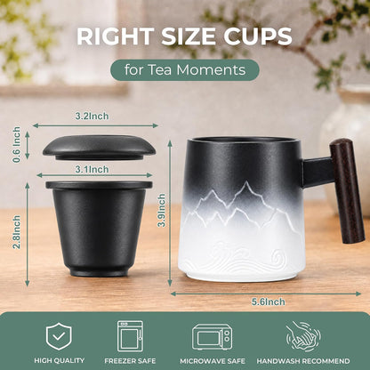 Tea Cup with Infuser and Lid, 14oz Ceramic Loose Leaf Tea Steeper Cup with Wood Handle and Cup Lid, Blue, Black