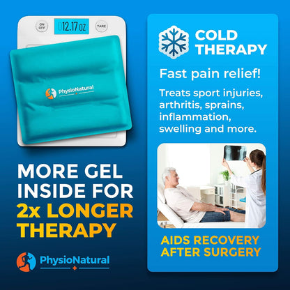 PhysioNatural Ice Pack for Knee Pain Relief, Reusable Gel Ice Wrap for Leg Injuries, Swelling, Knee Replacement Surgery, Cold Compress Therapy for Arthritis, Meniscus Tear and ACL