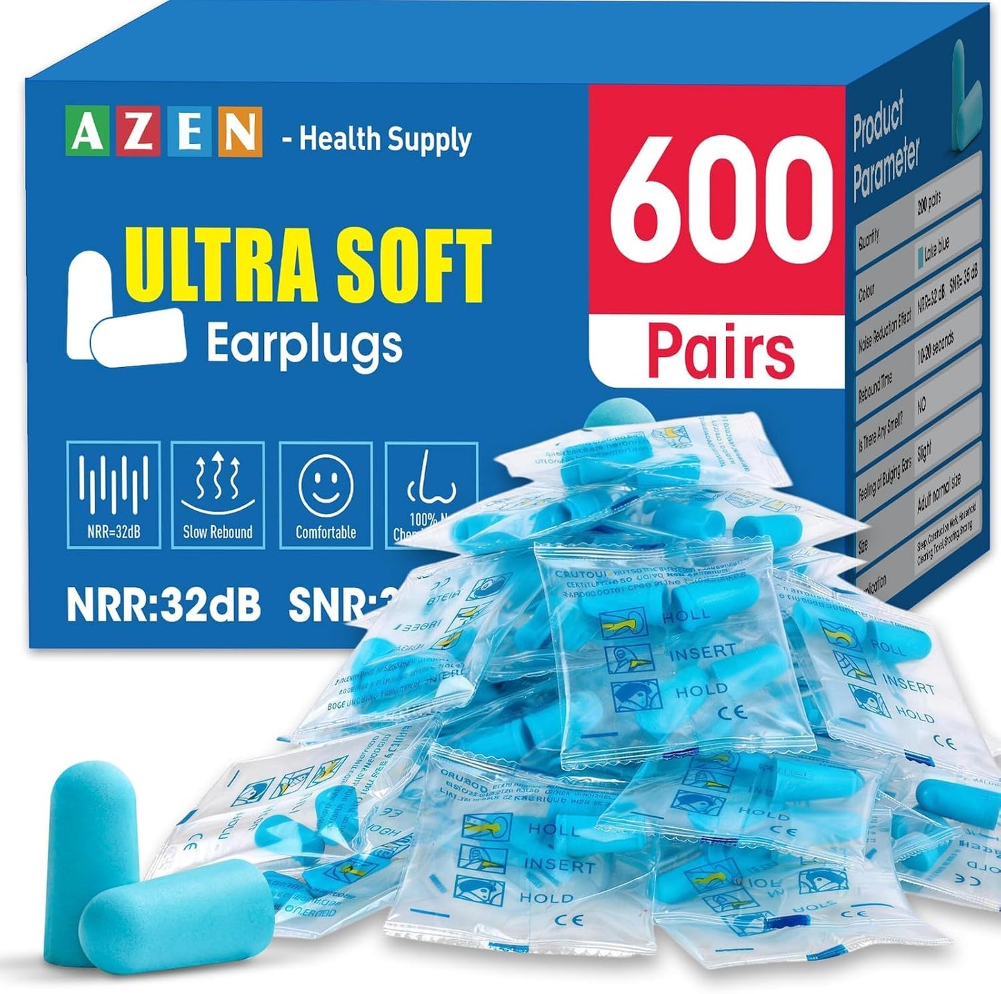 AZEN 100 Pairs Ear Plugs Bulk, NRR 32dB Soft Foam Ear Plugs for Sleeping Noise Cancelling, Earplugs for Concerts Shooting Swimming Noise Reduction (Lake Blue)