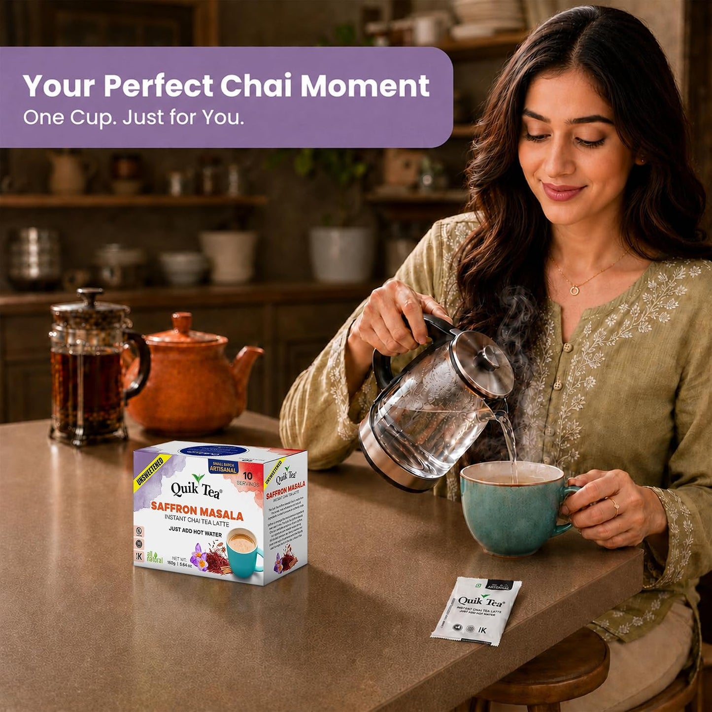 QuikTea Instant Saffron Masala Chai Tea Latte Unsweetened, 10 Single-Serve Sachets, Artisanal Indian Chai Latte Mix, Just Add Hot Water, Low Caffeine, Non-GMO, Gluten Free.