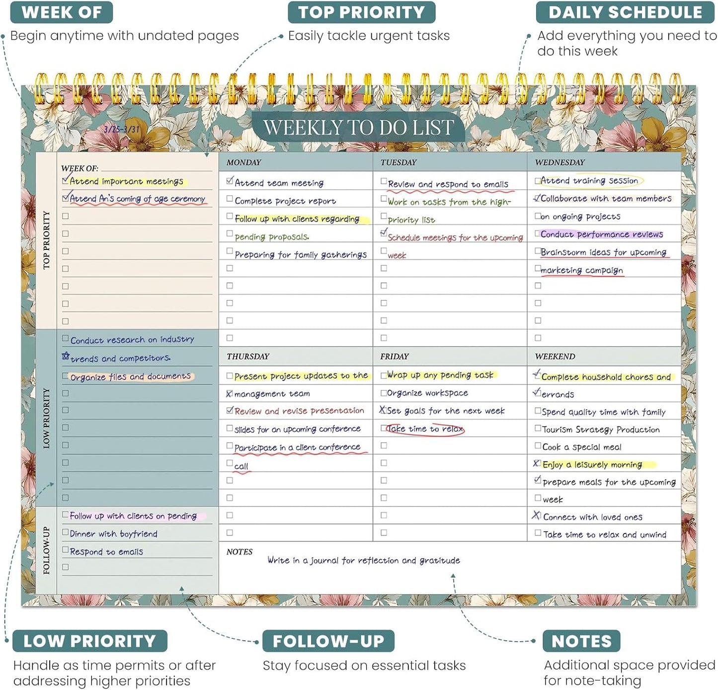 Weekly To Do List Notepad with 52 Undated Sheets（8.5"×11"）- Undated Weekly Planner Notepad for Office Desk Accessories and Supplies - Sunshine Petal