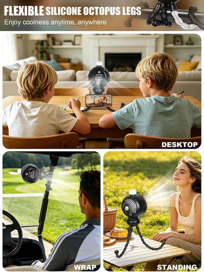 Portable Stroller Fan with 135° Auto Oscillation, 3-Color LED Night Light