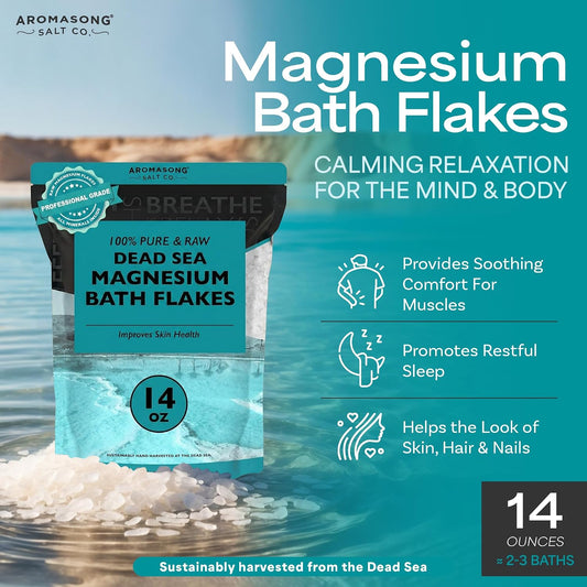 Aromasong Dead Sea Magnesium Flakes for Bath - 16,325 Mg Magnesium Chloride per Bath - Superior Alternative to Epsom Salt - Used as Muscle & Foot Soak - 14 oz Bag