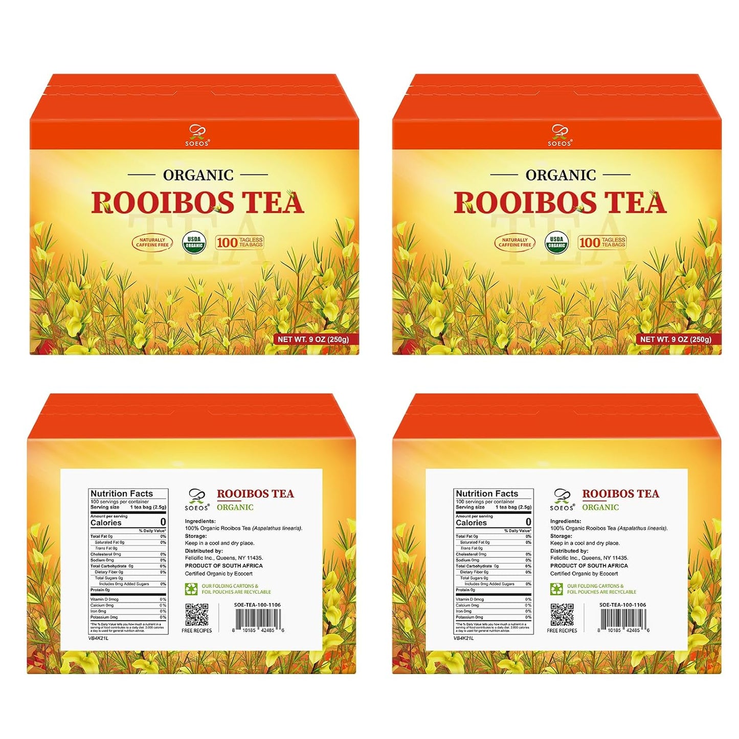 Soeos Organic Rooibos Tea, 100 Teabags, Naturally Caffeine Free, USDA and Non GMO Certify, Smooth and Robust Flavor, Excellent for Hot or Iced Brew, 9oz (250g)