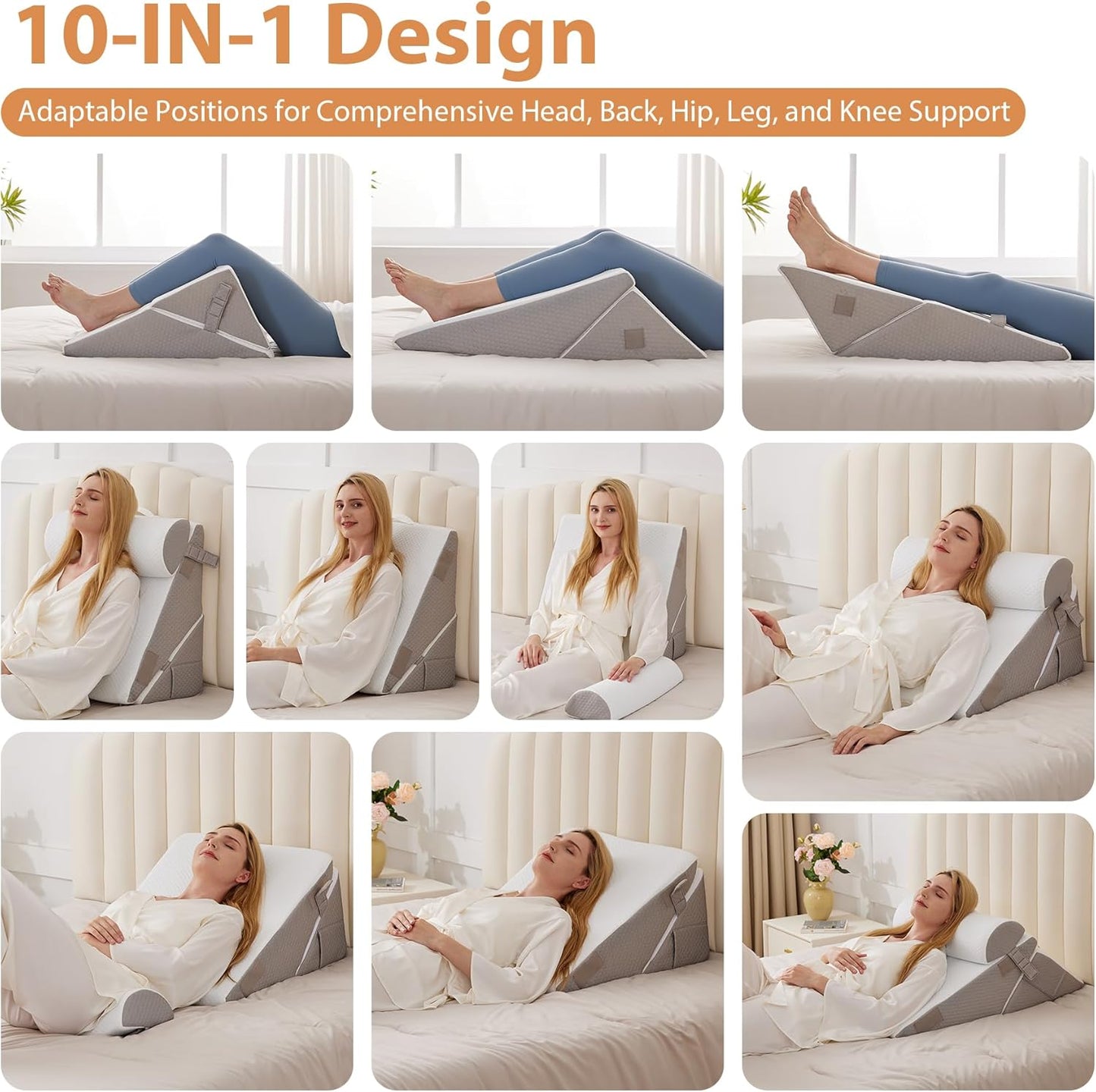 BIEEZZK Wedge Pillow Set for After Surgery, Wedge Pillow for Acid Reflux, Bed Wedge Pillow with Adjustable 9&12inch for Headboard,Sleeping, Orthopedic Memory Foam for Neck&Back Support, White/Grey