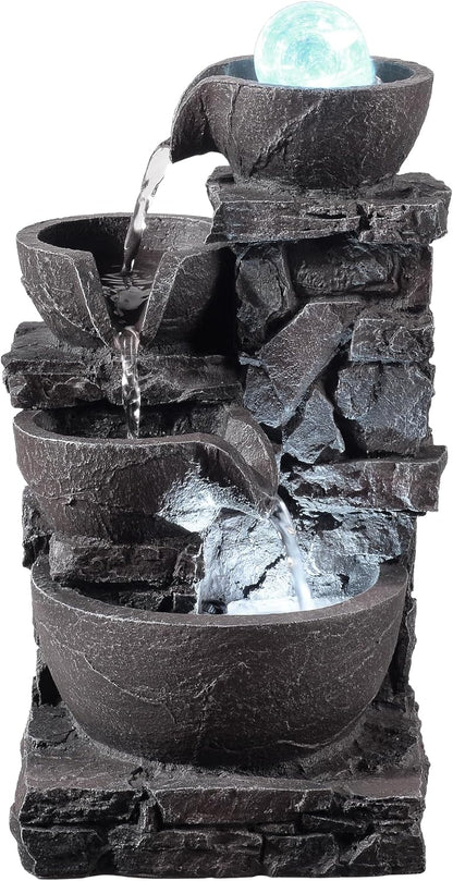 Tabletop Indoor Water Fountain – 3-Tier Rock Waterfall Fountain with Warm LED Light and DIY Planting Pot – Relaxing Small Water Feature for Desk or Home Decor (23061)